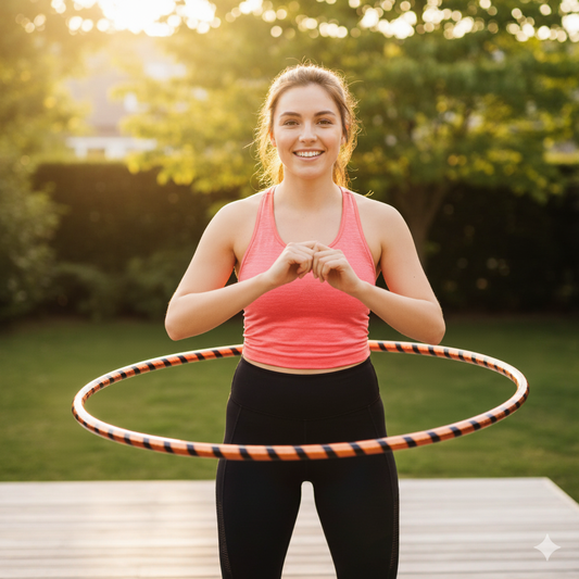 A woman spinning Fitness weighted hoop by hulahoopsindia